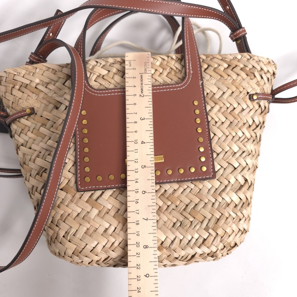 HOUSE OF HARLOW 1960 Women's Straw Tote Bag Studded Faux Leather Trim Top Handle - Picture 8 of 12